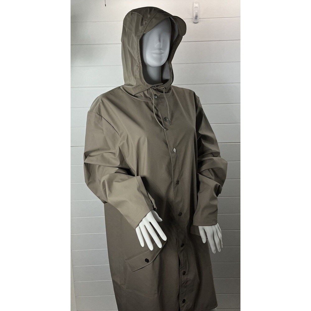 RAINS Brand Unisex Sz Large Classic Taupe Long Waterproof Rain Jacket Snap Front - Picture 10 of 15